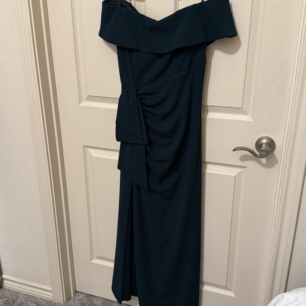 XSCAPE Off Shoulder Ruched Cascading Gown